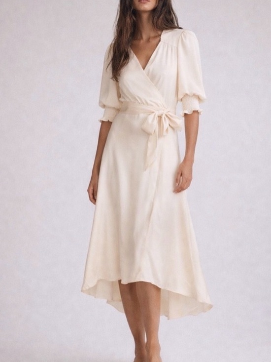 ba&sh Dresses & Skirts - ba&sh Cream High-Low Wrap Dress with Puff Sleeves